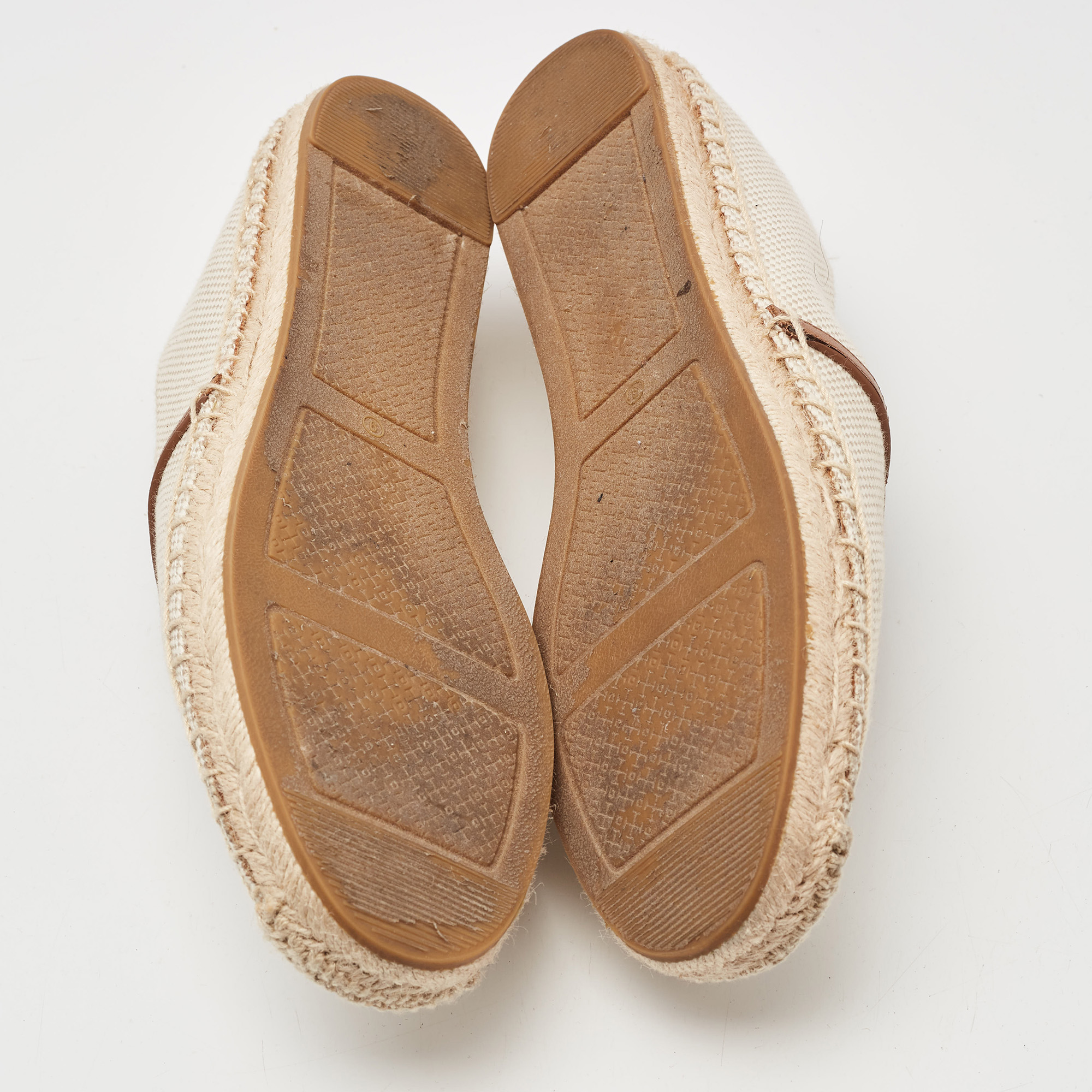 Tory Burch Cream/Brown Canvas Logo Flat Espadrilles Size 39.5