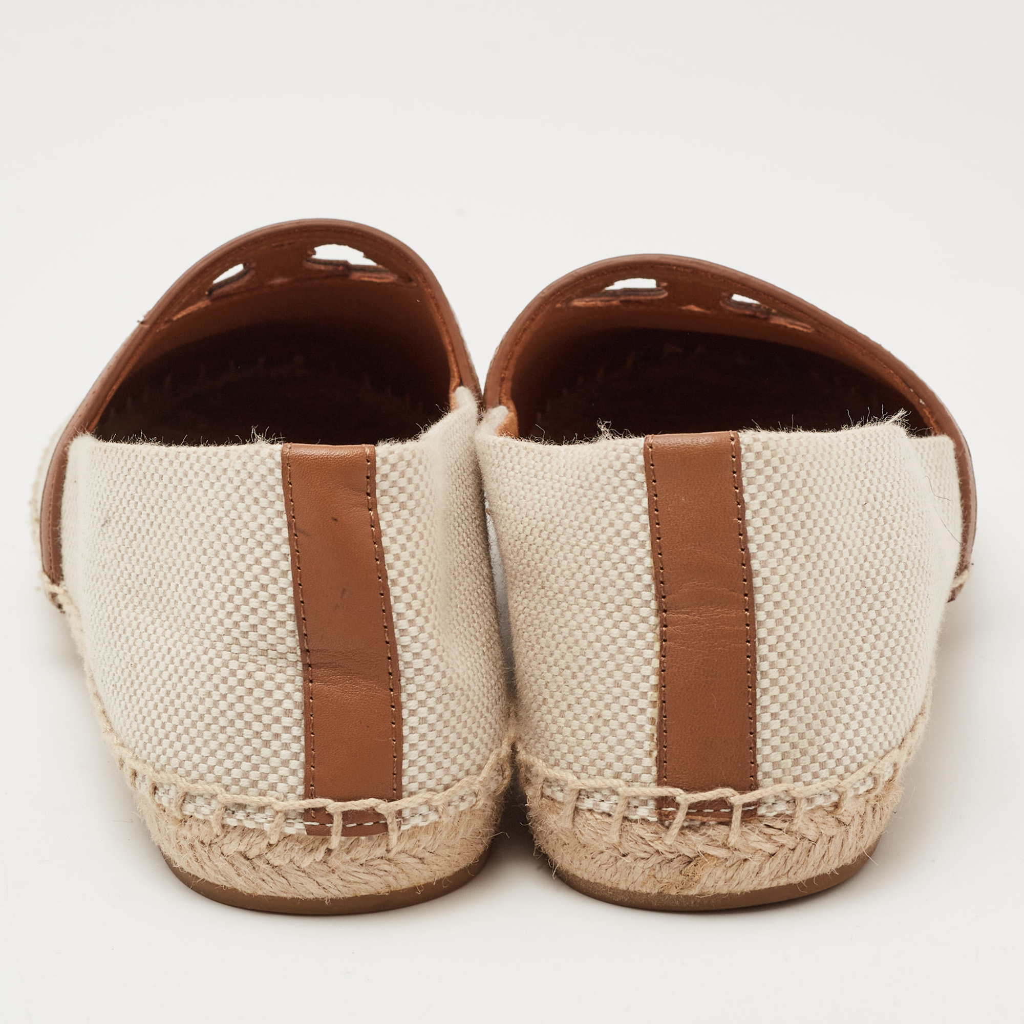 Tory Burch Cream/Brown Canvas Logo Flat Espadrilles Size 39.5