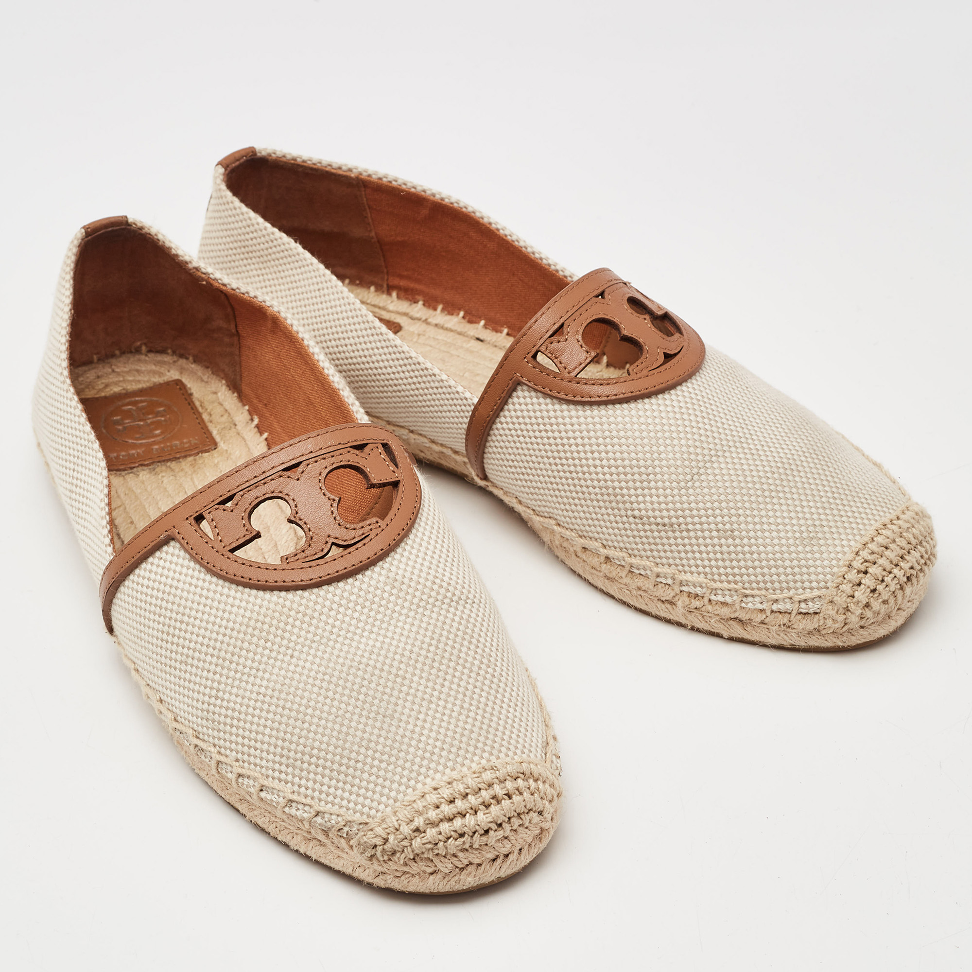 Tory Burch Cream/Brown Canvas Logo Flat Espadrilles Size 39.5