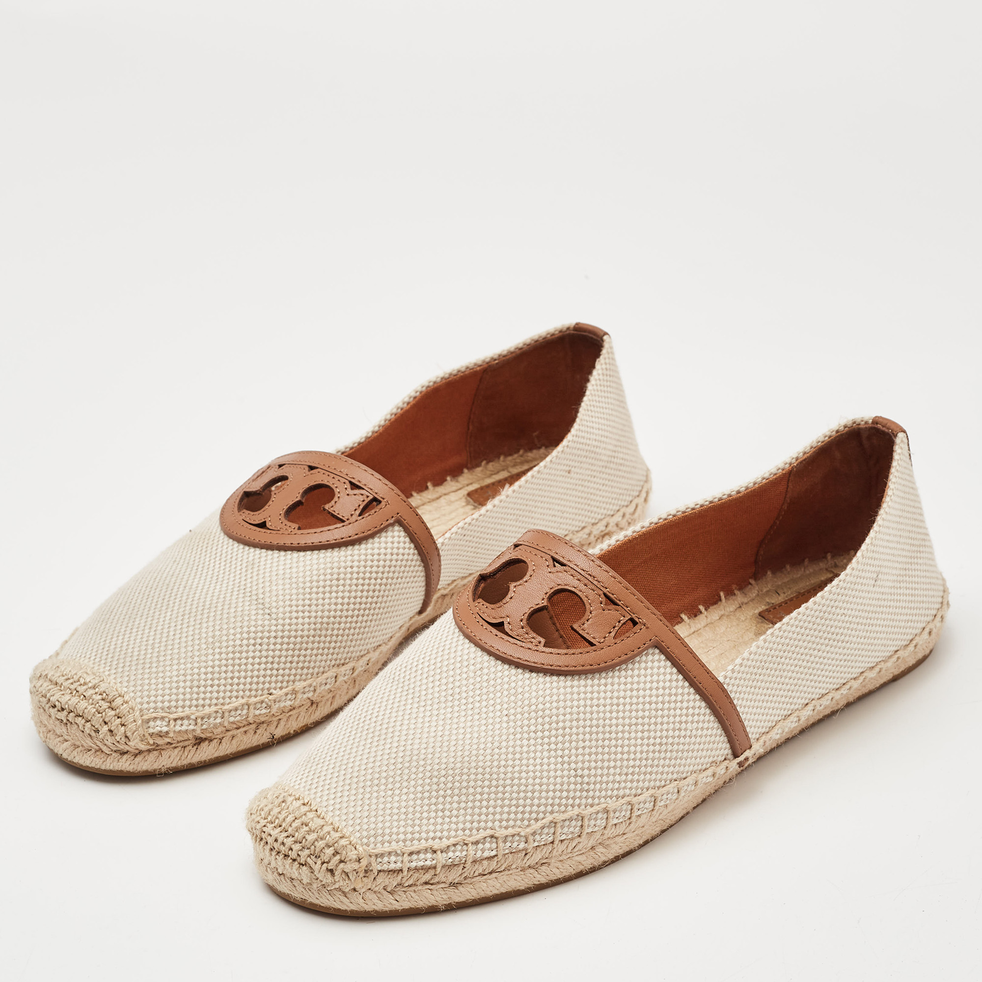 Tory Burch Cream/Brown Canvas Logo Flat Espadrilles Size 39.5