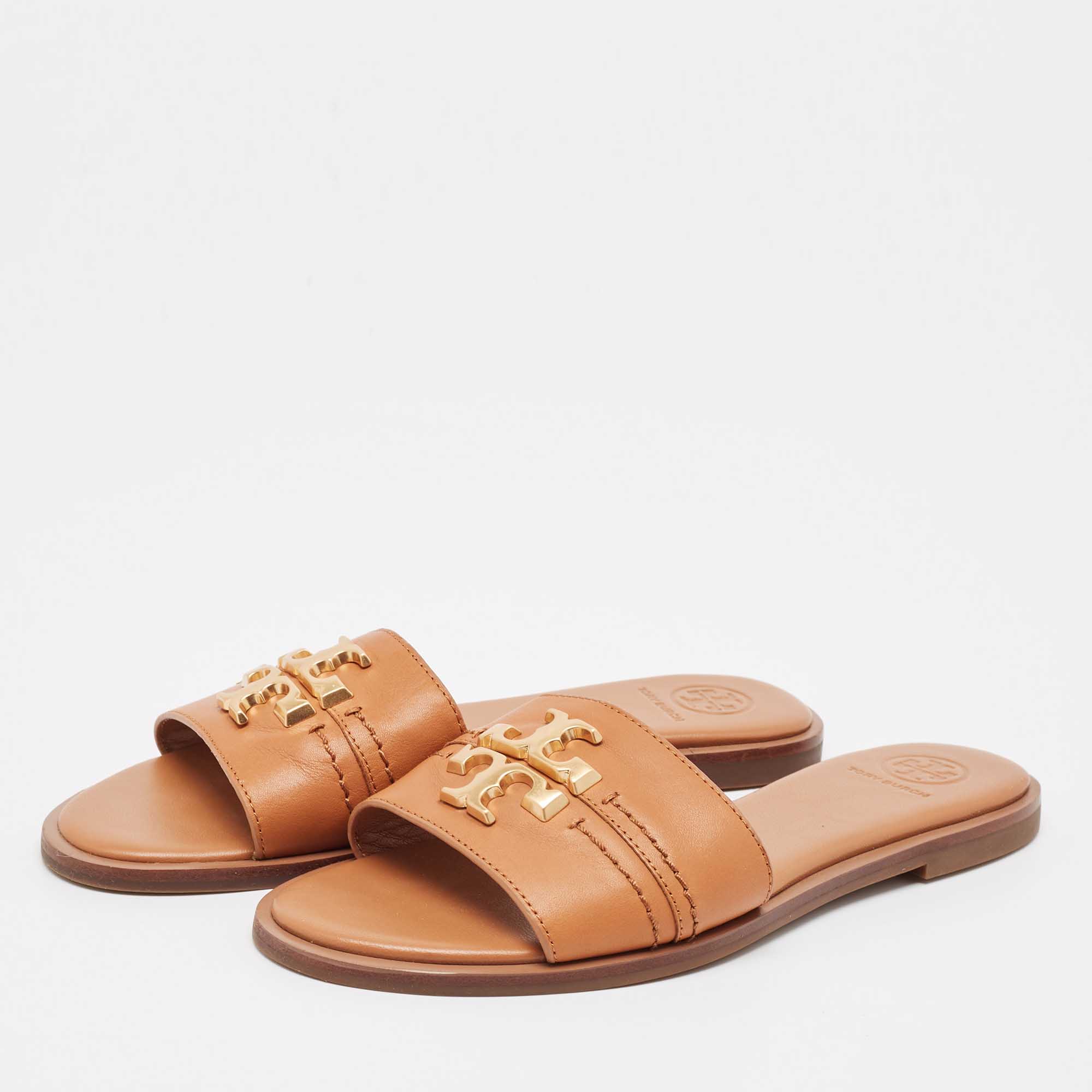 Tory Burch Brown Leather Everly Flat Slides Size 37.5