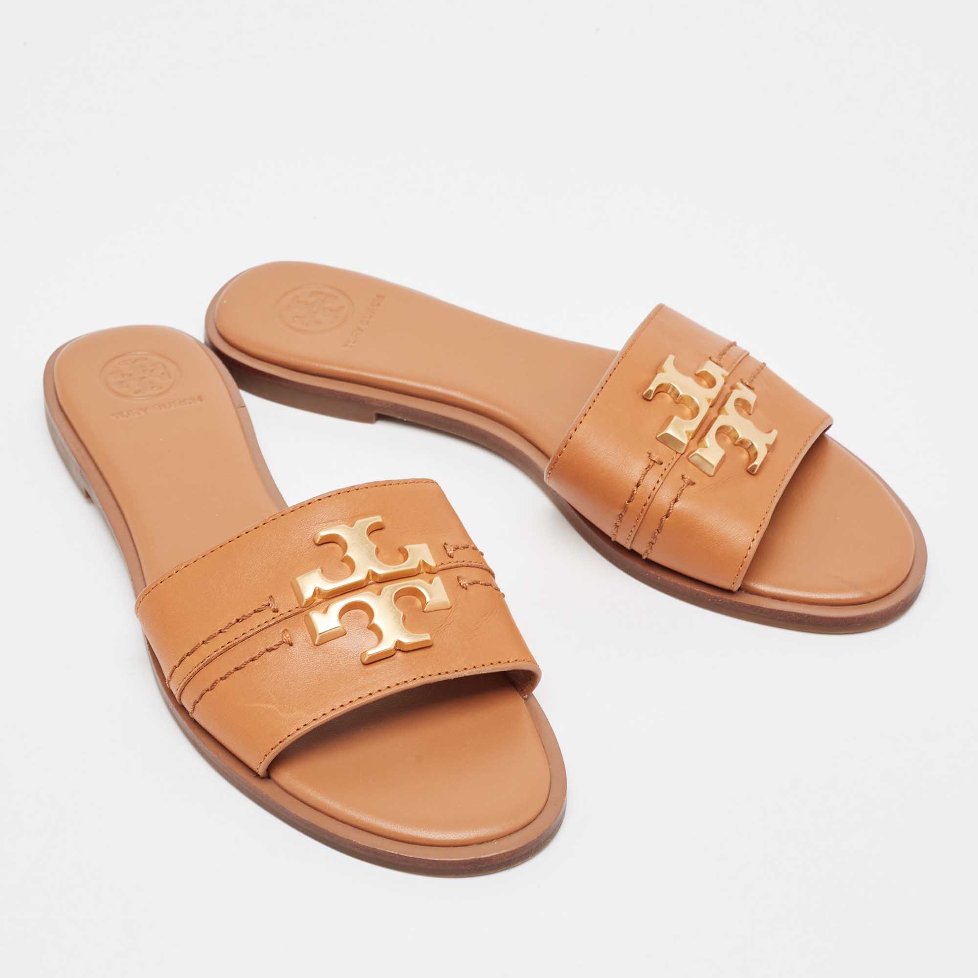 Tory Burch Brown Leather Everly Flat Slides Size 37.5