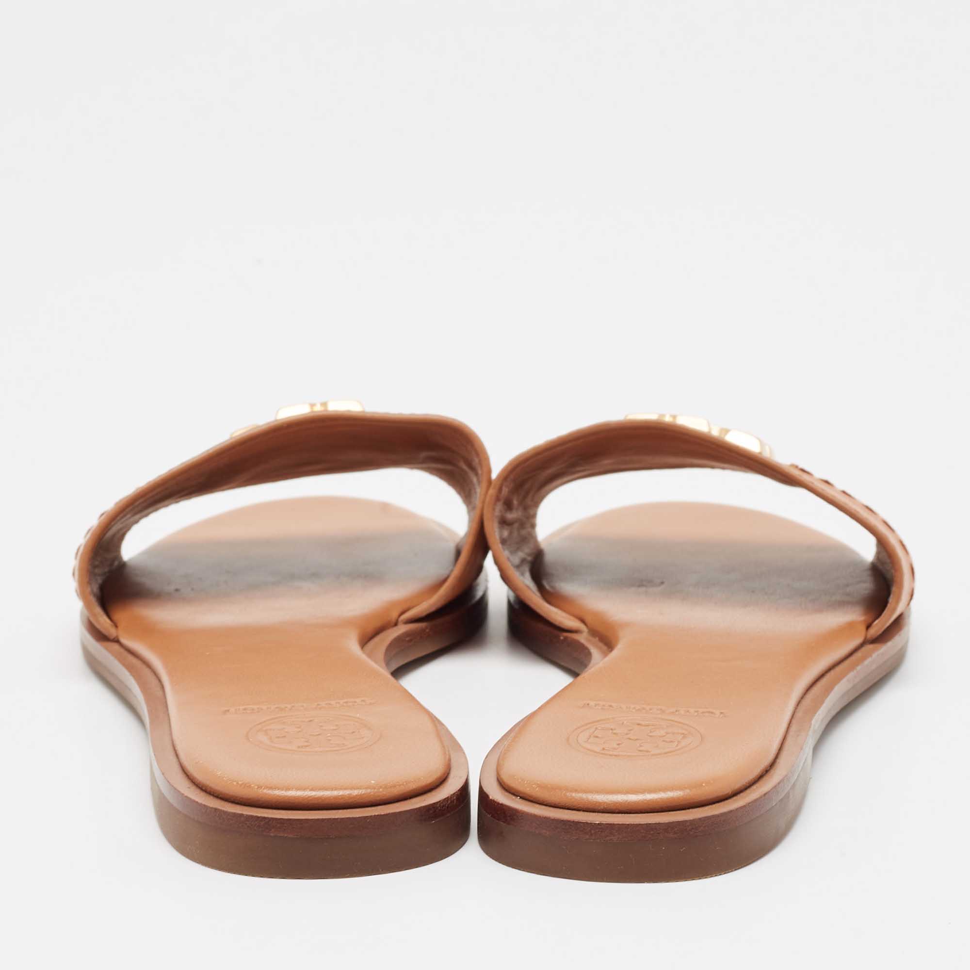 Tory Burch Brown Leather Everly Flat Slides Size 37.5