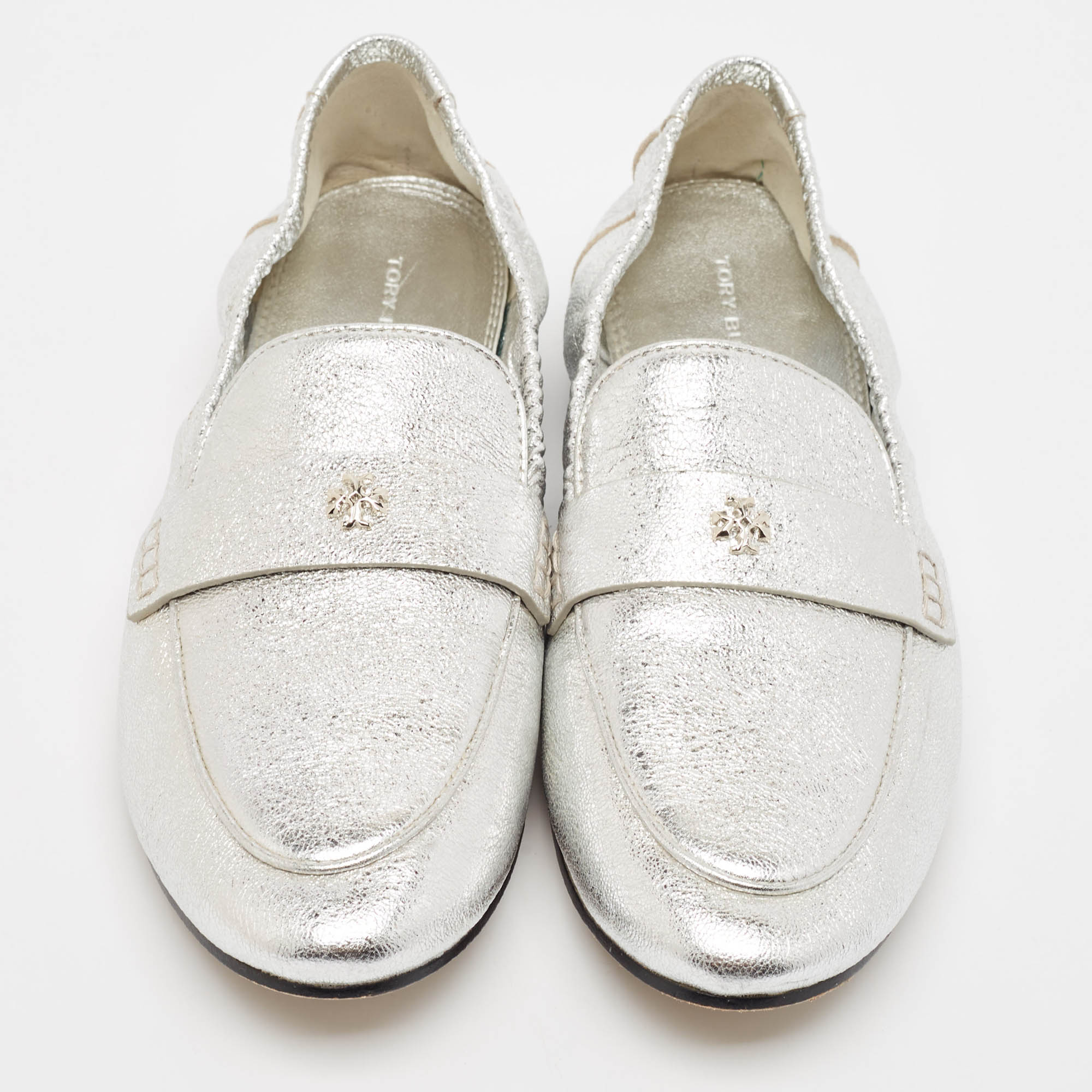 Tory Burch Silver Leather Ballet Loafers Size 38.5