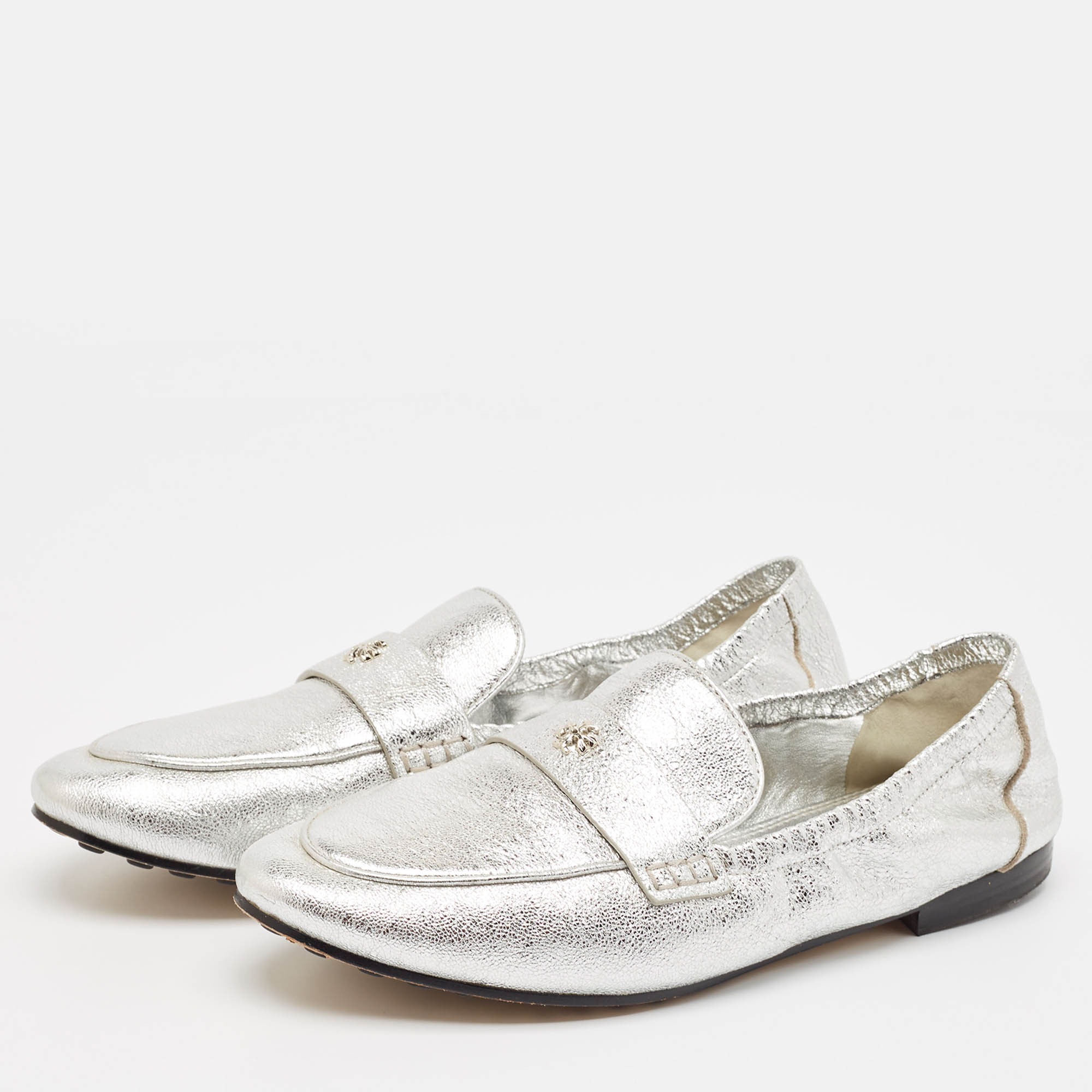 Tory Burch Silver Leather Ballet Loafers Size 38.5