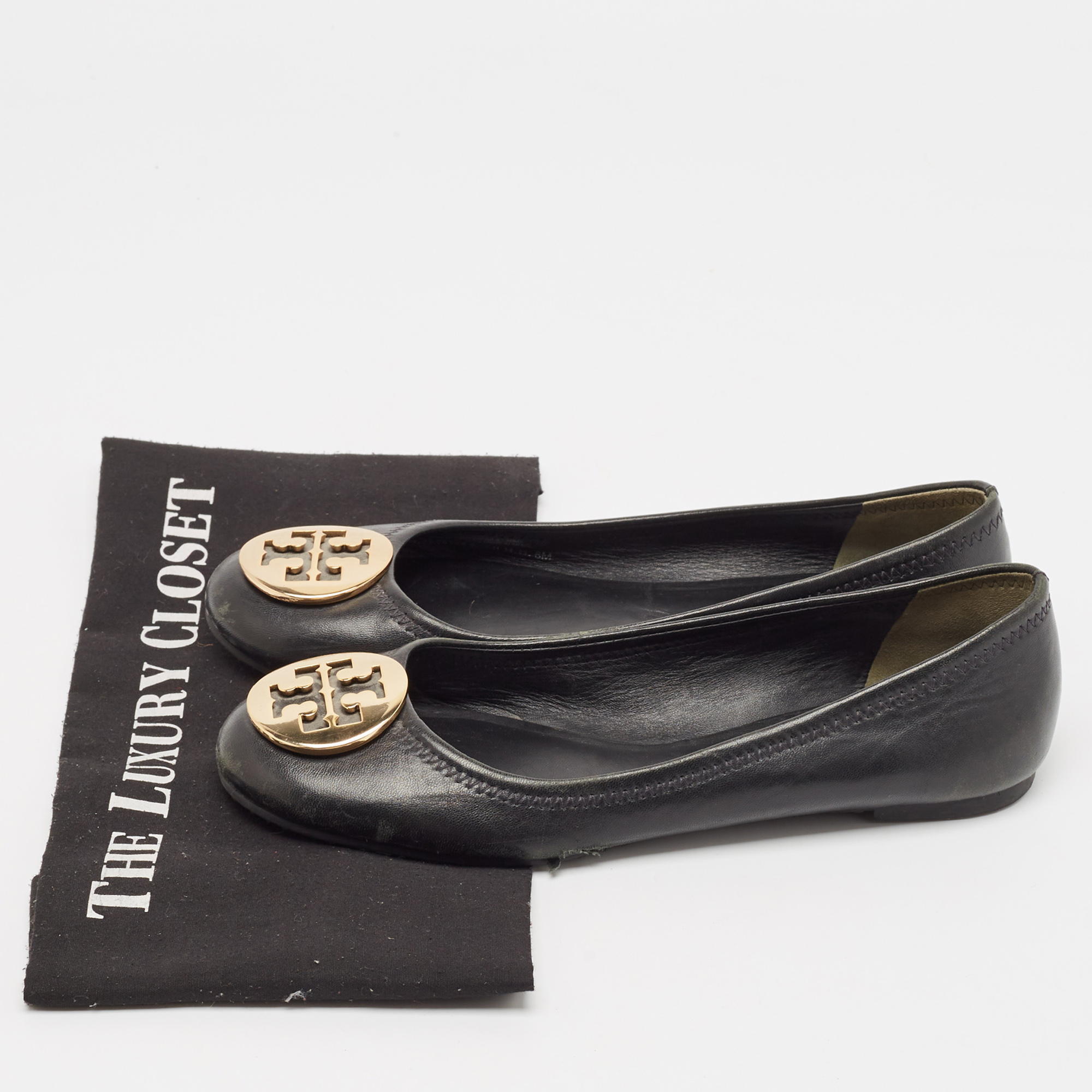 Tory Burch Black Leather Reva Ballet Flats Size 38.5