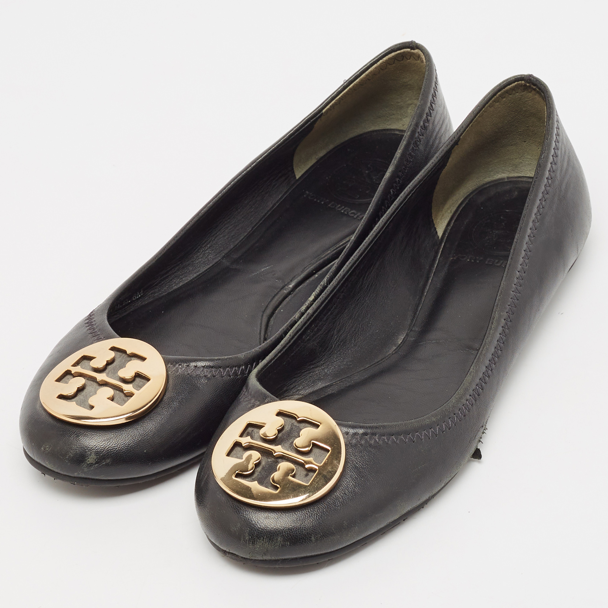 Tory Burch Black Leather Reva Ballet Flats Size 38.5