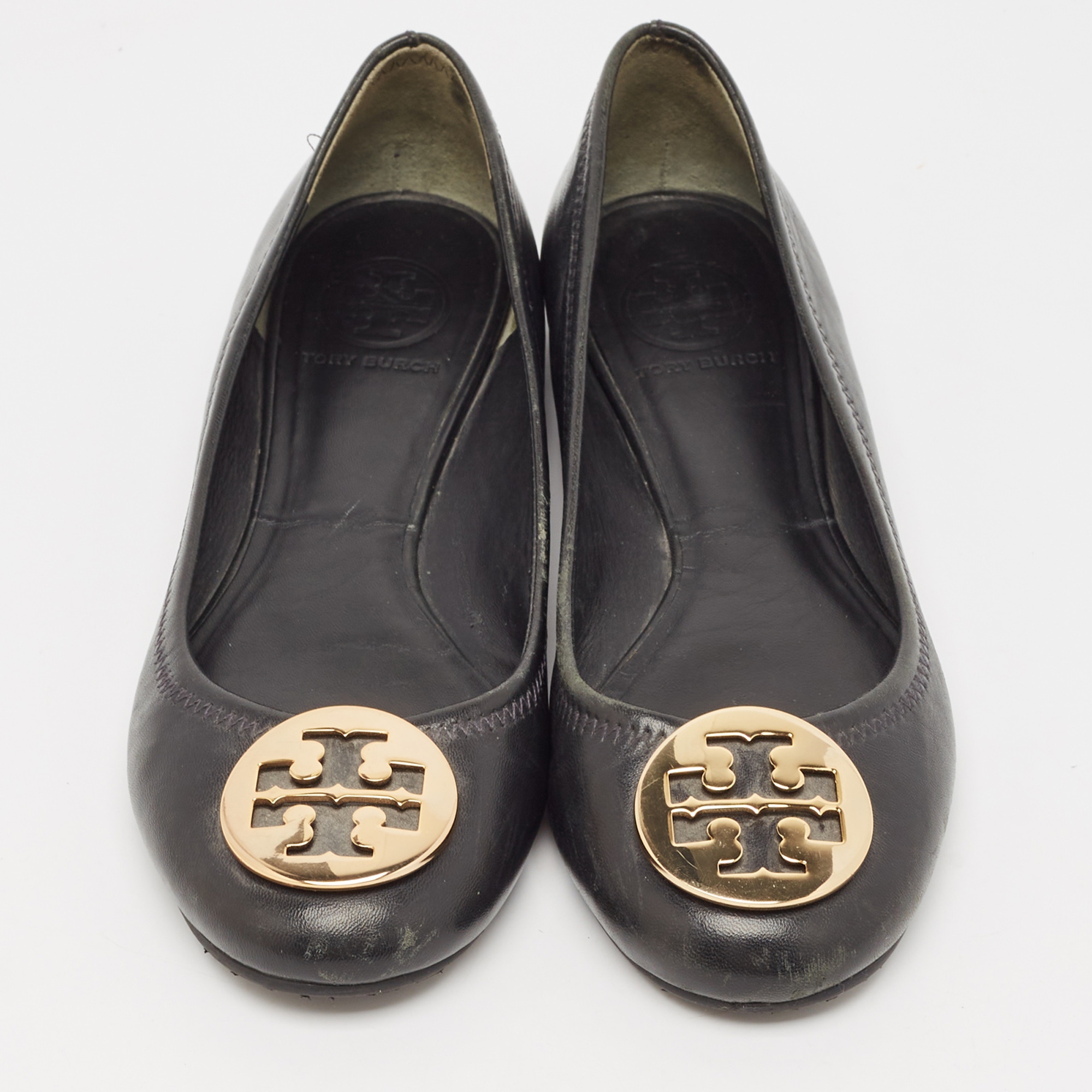 Tory Burch Black Leather Reva Ballet Flats Size 38.5