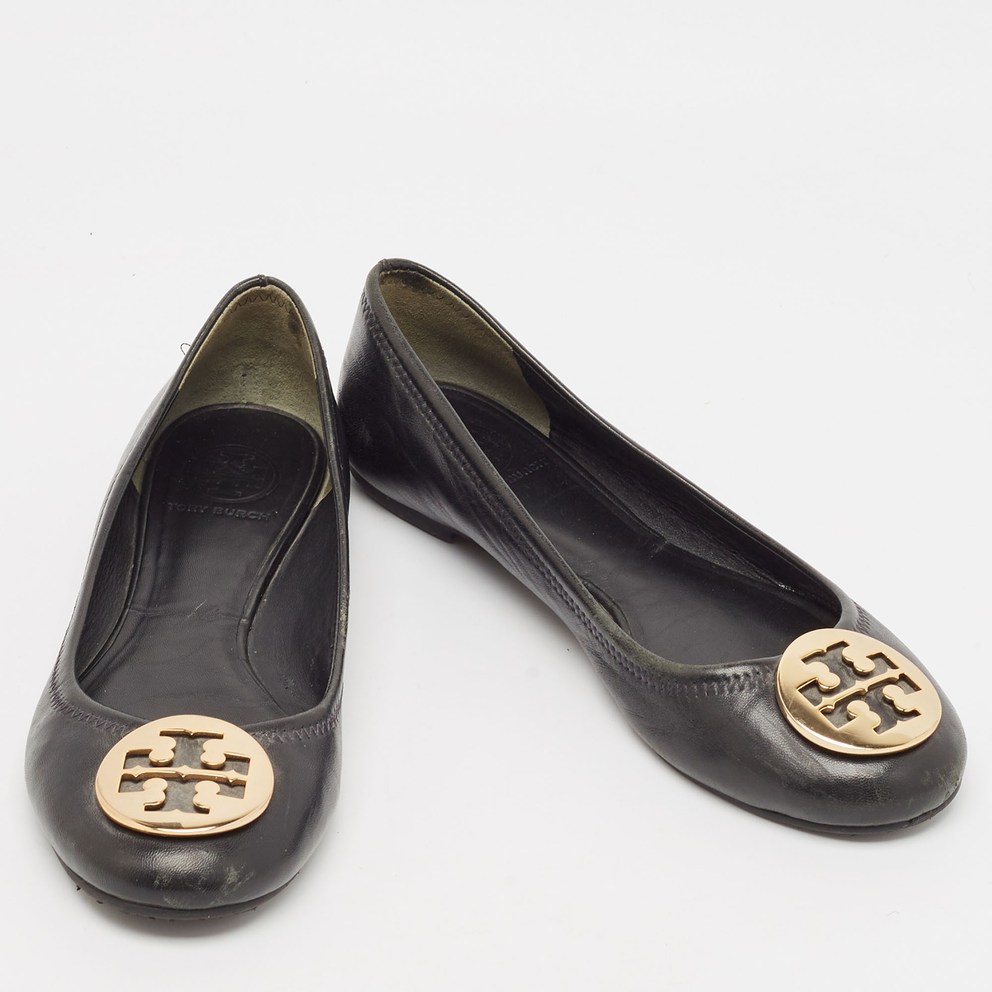 Tory Burch Black Leather Reva Ballet Flats Size 38.5