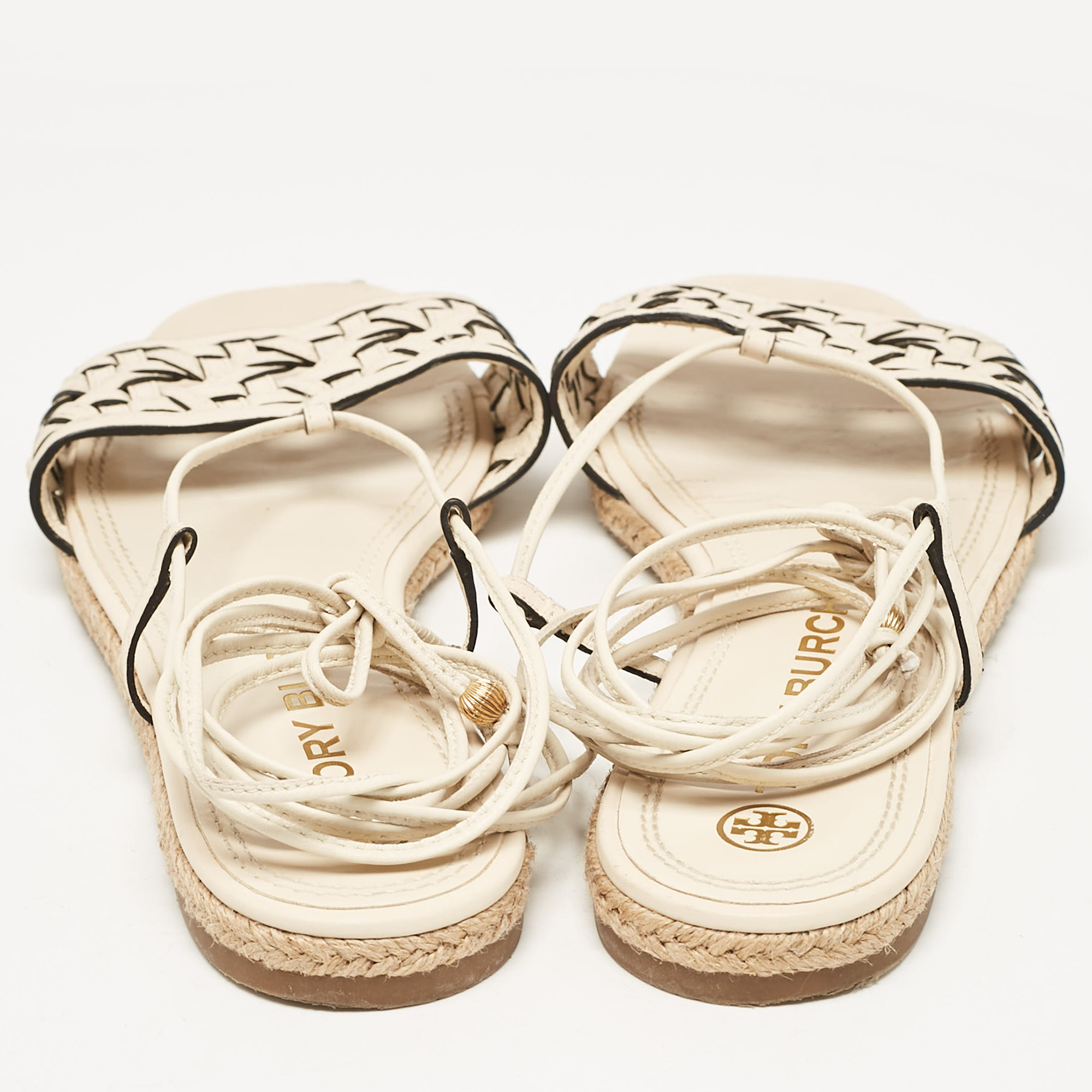 Tory Burch Cream Leather Ankle Wrap Flat Slides Size 39