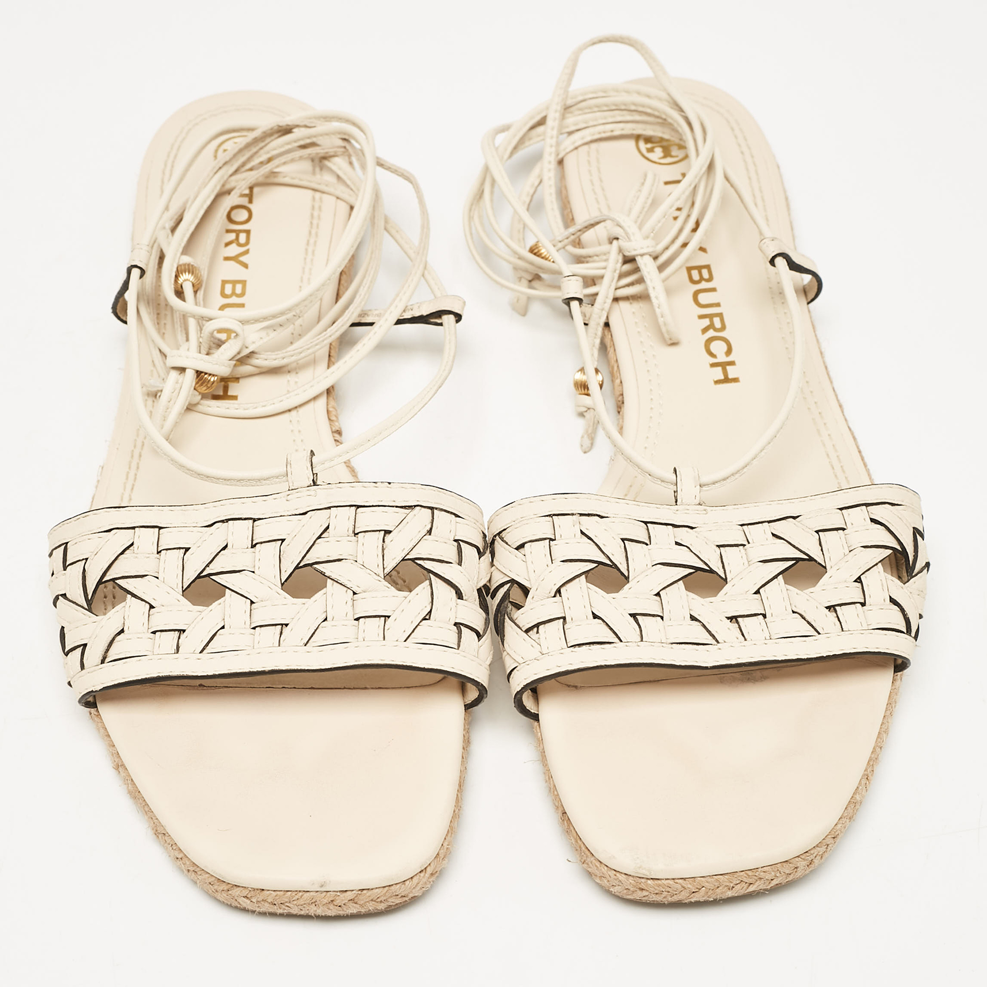 Tory Burch Cream Leather Ankle Wrap Flat Slides Size 39