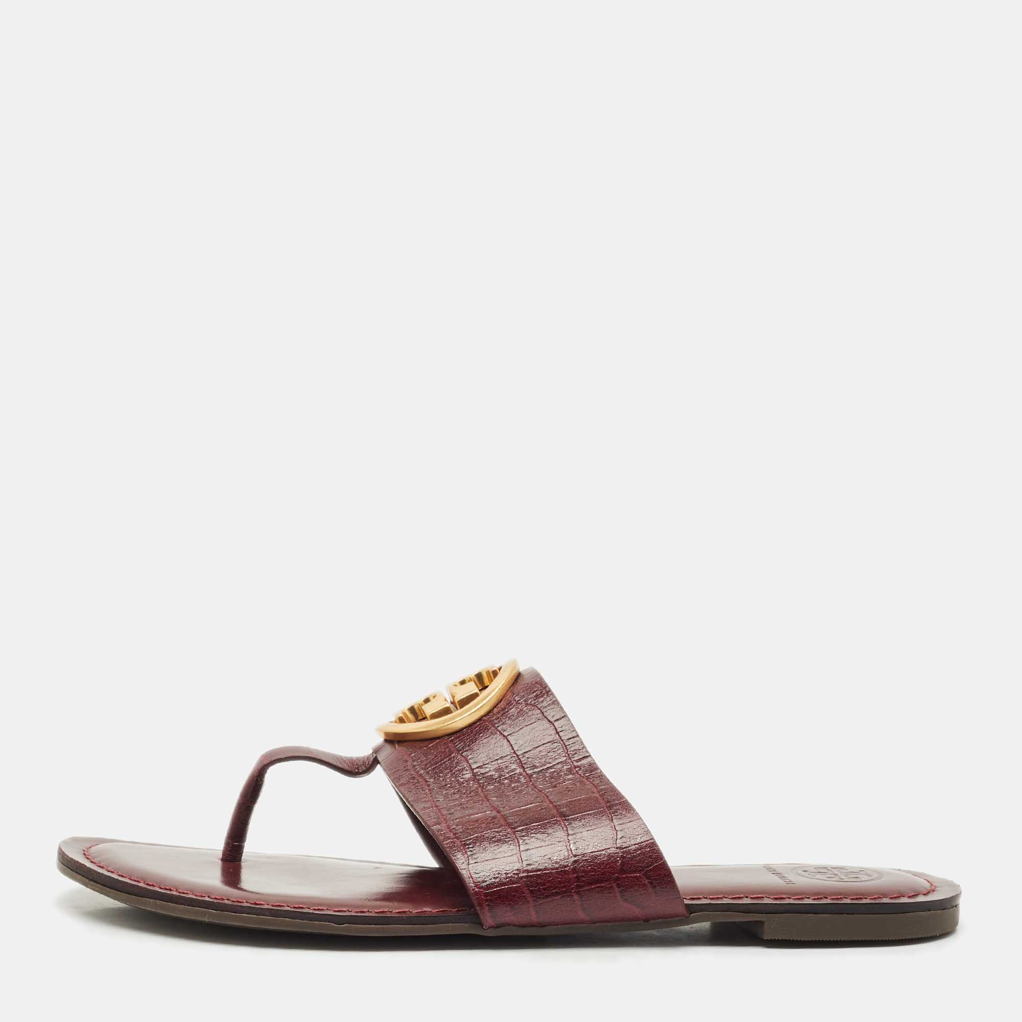Tory Burch Burgundy Croc Embossed Leather Amanda Thong Sandals Size 37.5 - Tory Burch - Modalova