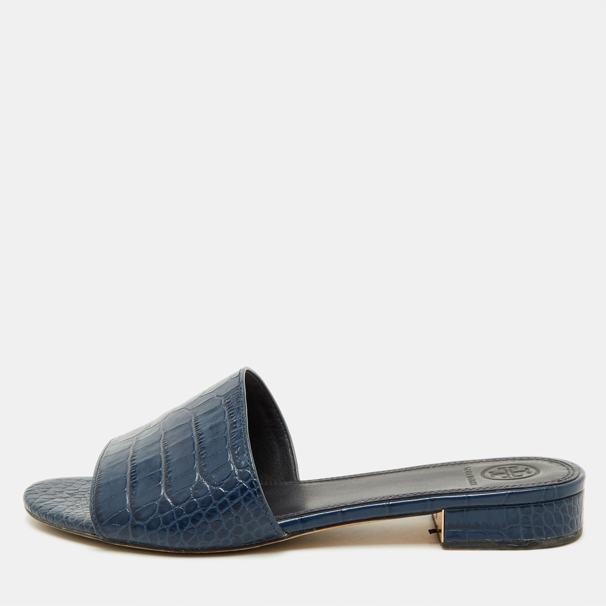 Tory Burch Navy Blue Croc Embossed Leather Martine Flat Slide Sandals Size 38.5 - Tory Burch - Modalova