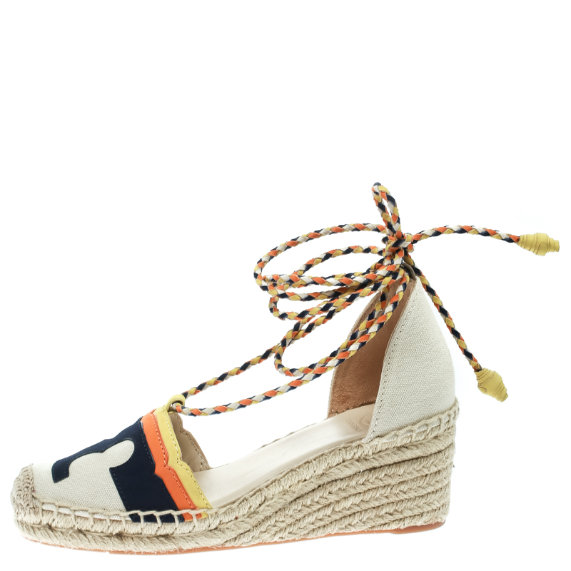 

Tory Burch Multicolor Canvas And Nubuck Laguna Espadrille Wedge Sandals Size