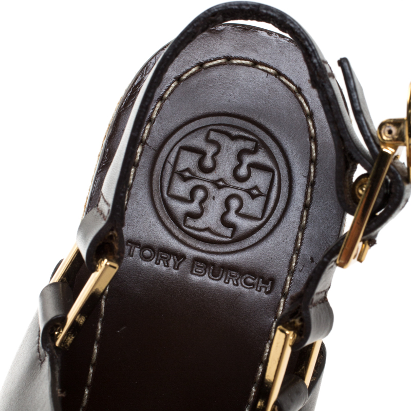 Tory Burch Dark Brown Leather Kimberly Platform Wedges Sandals Size 37