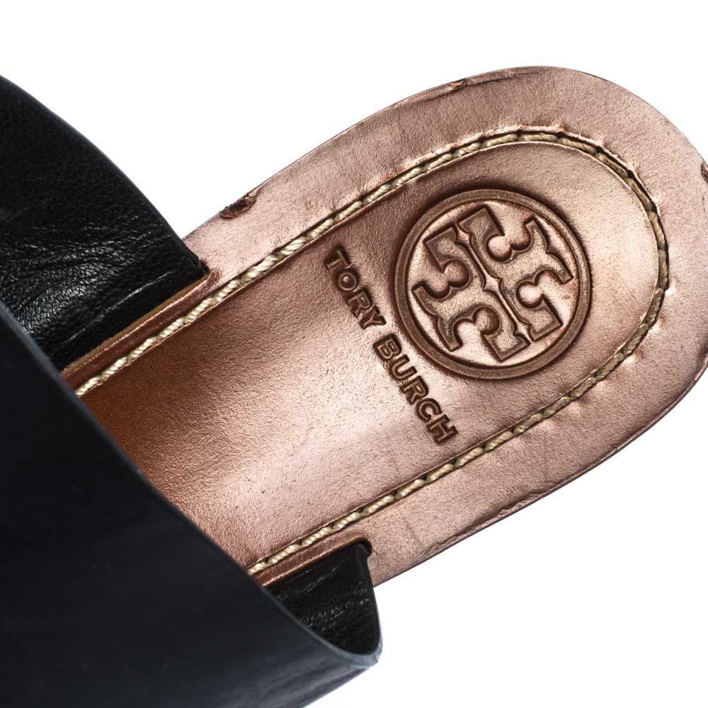 Tory Burch Black Perforated Logo Leatther Wedge Sandals Size 37.5