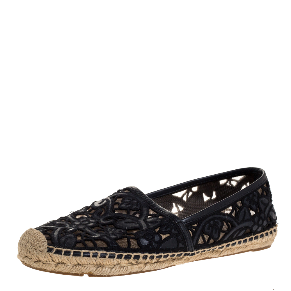 Image of Tory Burch Black Cotton Lace and Leather Jackie Espadrilles Size