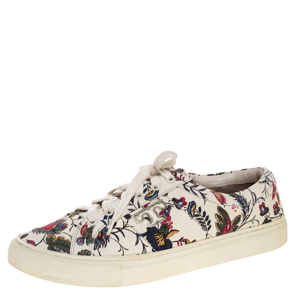 Tory Burch White Floral Print Leather Amalia Low Top Sneakers Size 39.5