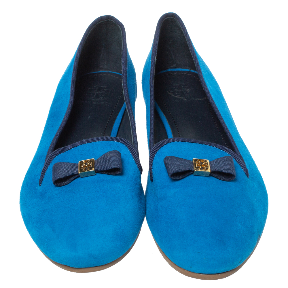 Tory Burch Blue Suede Leather Bow Slip On Loafers Size 38