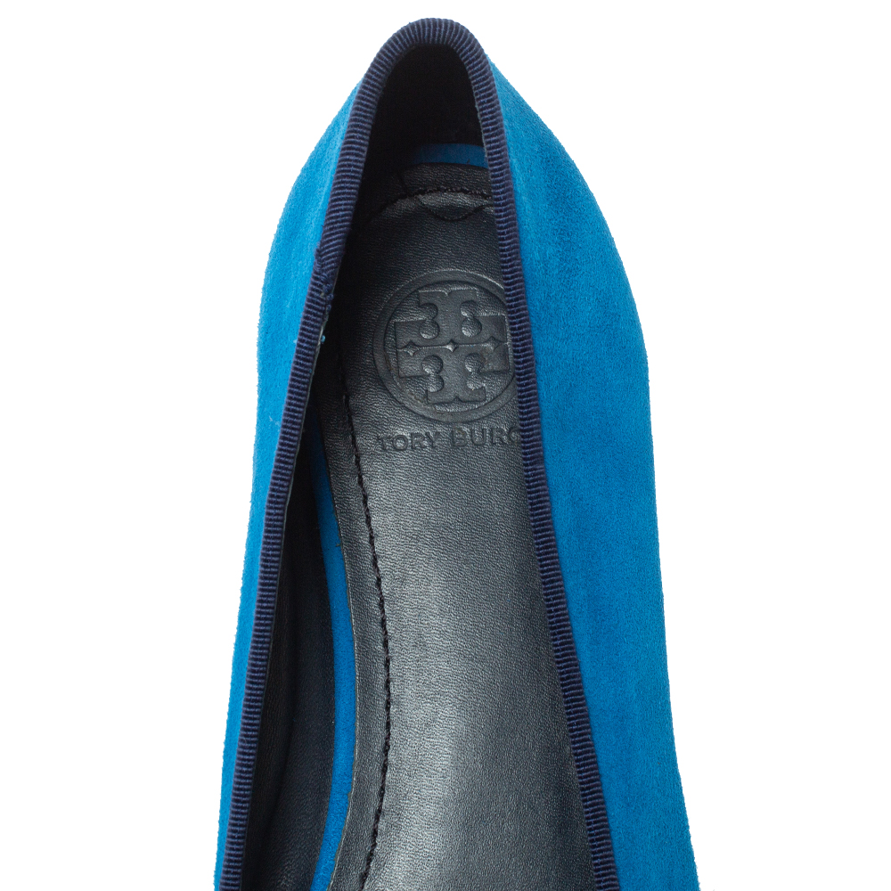 Tory Burch Blue Suede Leather Bow Slip On Loafers Size 38