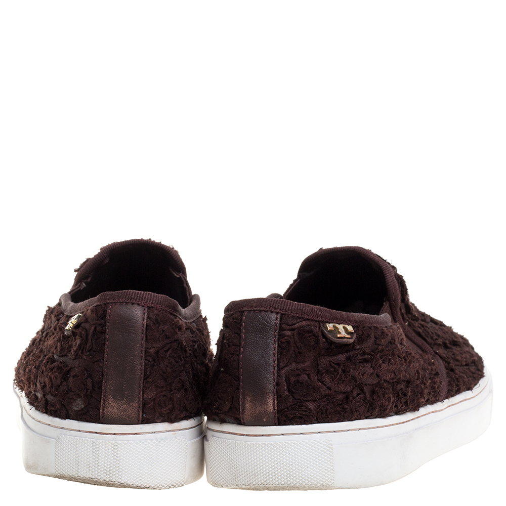Tory Burch Dark Brown Fabric Rosette Slip On Sneakers Size 40.5