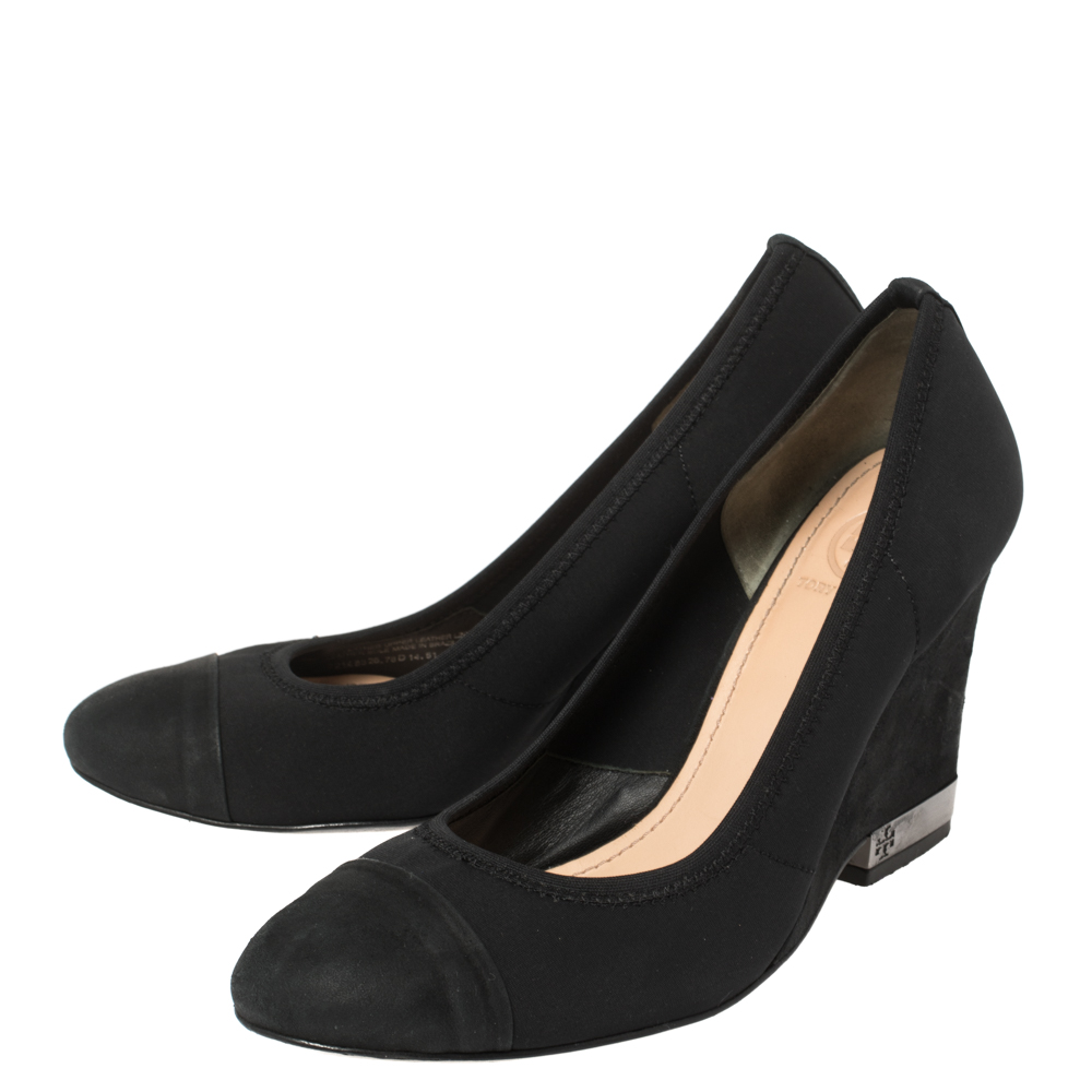 Tory Burch Black Suede Leather Cap Toe Wedge Heel Pumps Size 36.5