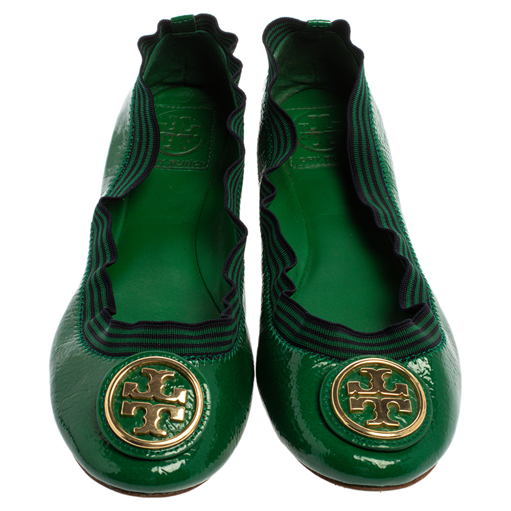 Tory Burch Green Patent Leather Caroline Ballet Flats Size 38.5