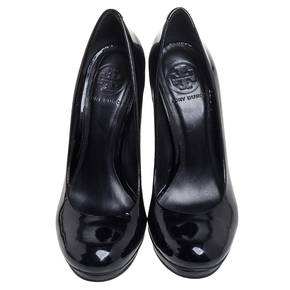Tory Burch Black Patent Leather Embellished Heel Round Toe Pumps Size 36