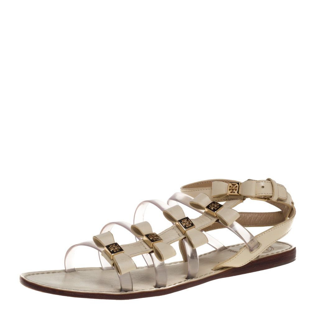 Tory Burch Cream Leather And PVC Gladiator Flat Sandals Size 38