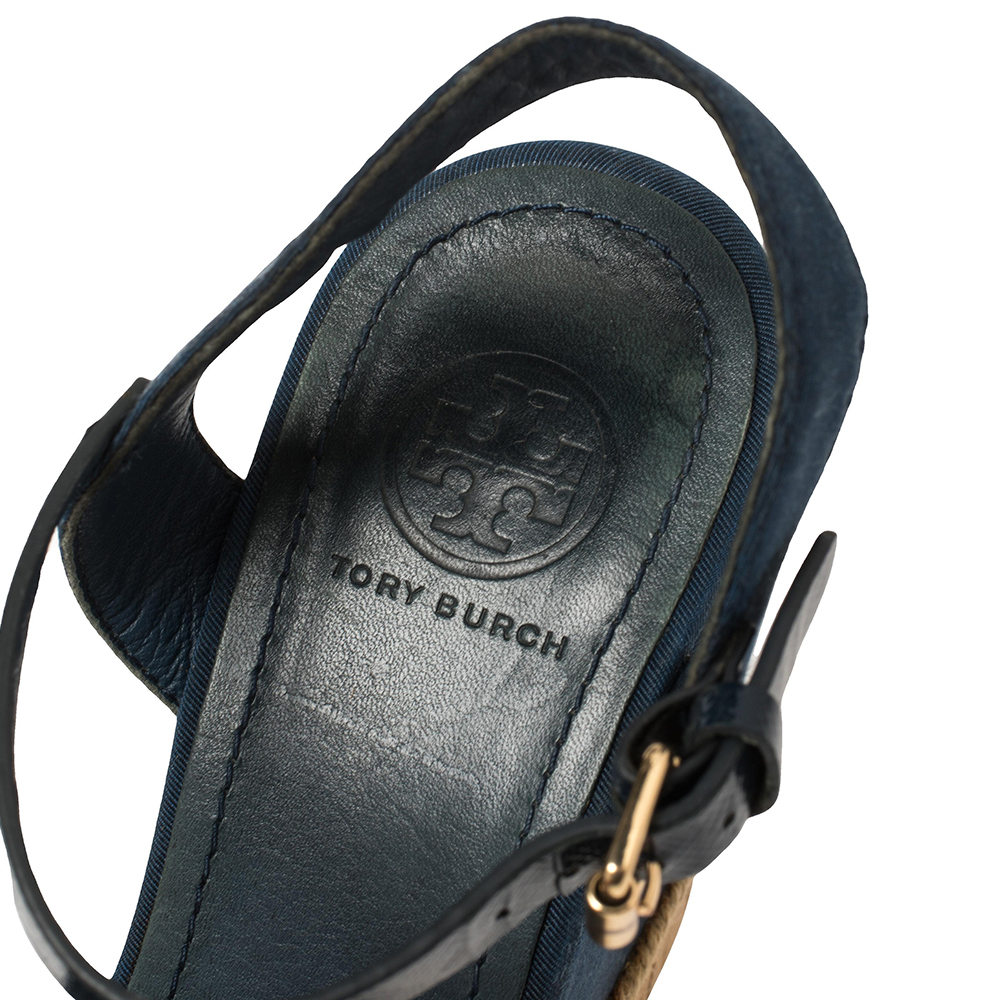 Tory Burch Blue Fabric And Leather Espadrille Wedge Ankle Strap Sandals Size 37