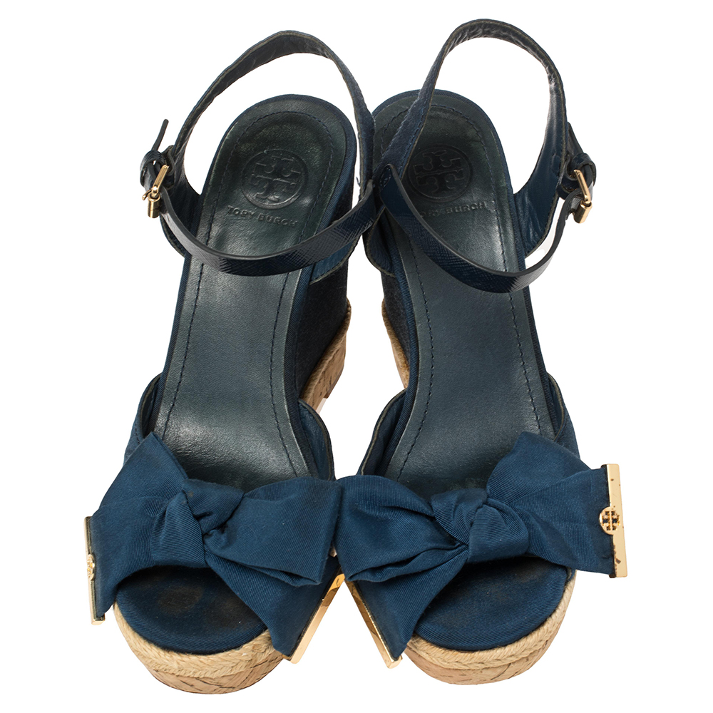 Tory Burch Blue Fabric And Leather Espadrille Wedge Ankle Strap Sandals Size 37