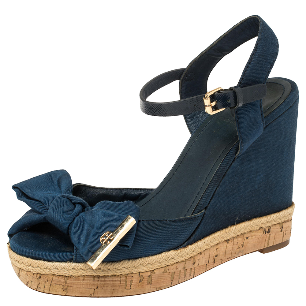 Tory burch blue fabric and leather espadrille wedge ankle strap sandals size 37