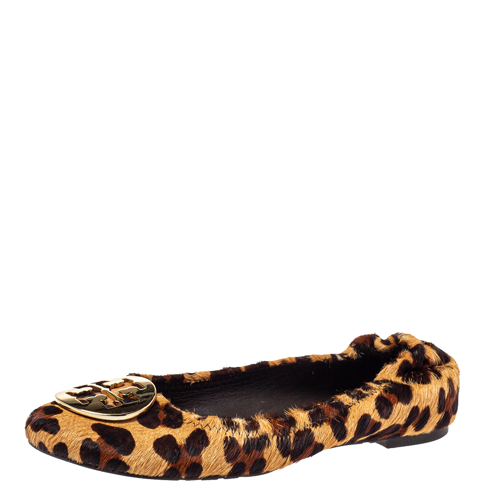 Tory Burch Brown Leopard Print Calf Hair Reva Ballet Flats Size 37.5