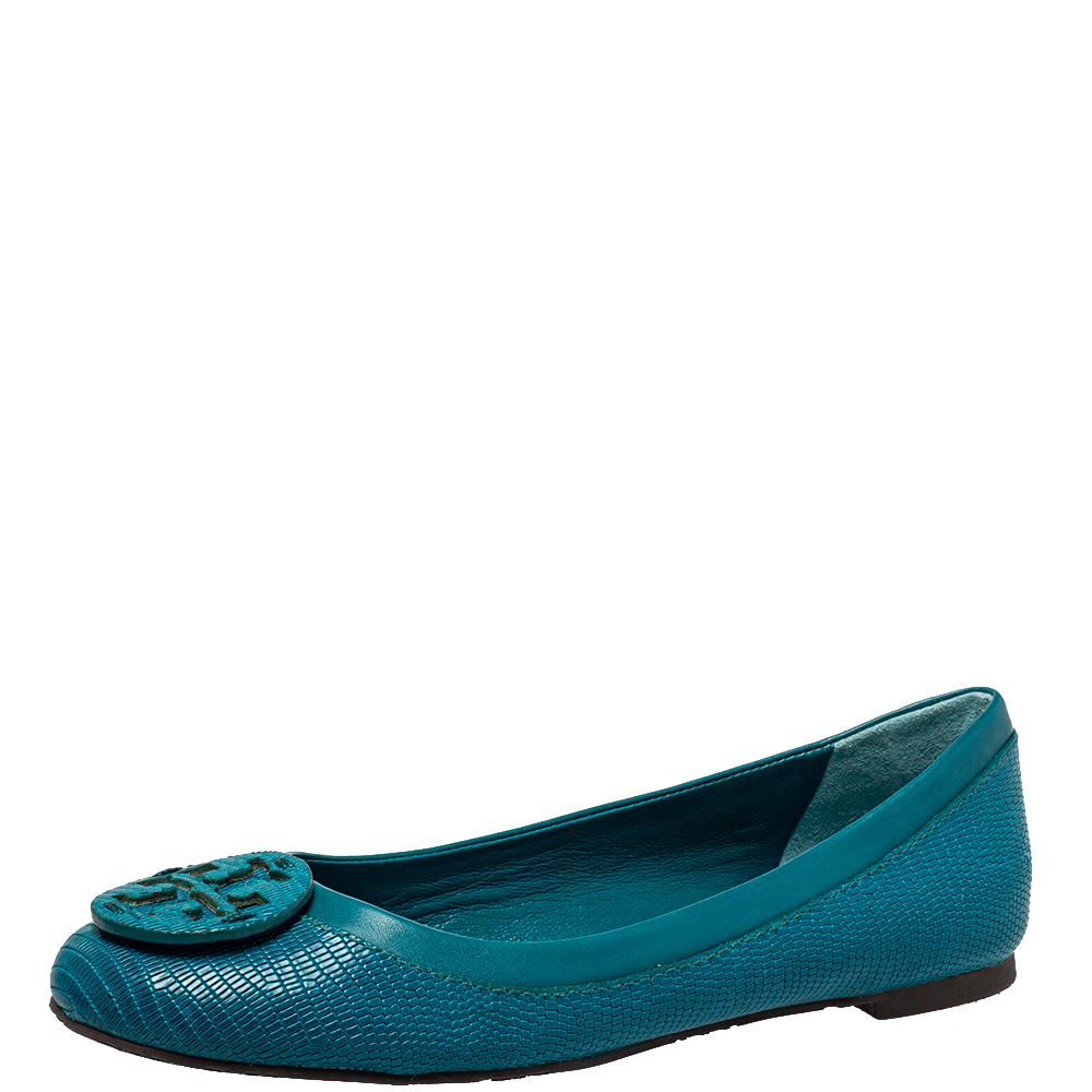 Tory Burch Teal Blue Leather Reva Flats Size 38