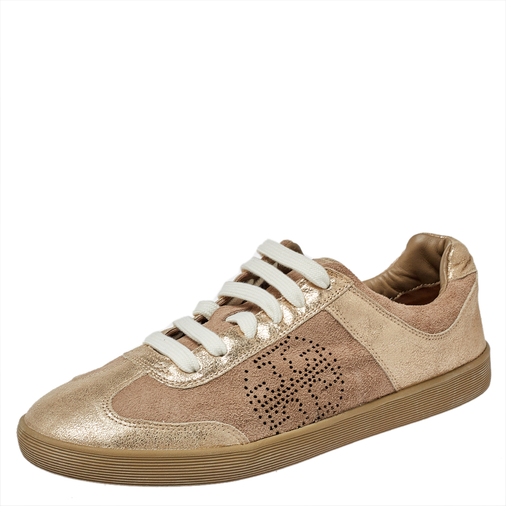 Tory Burch Beige/Gold Suede And Leather Perforated Logo Lace Up Sneakers Size 40
