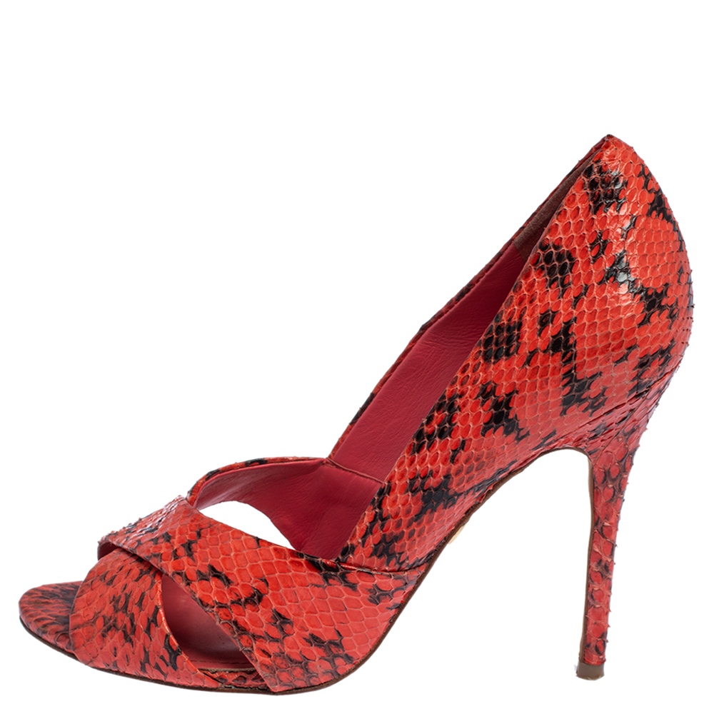 Tory Burch Red Snakeskin Peep Toe Pumps Size 36