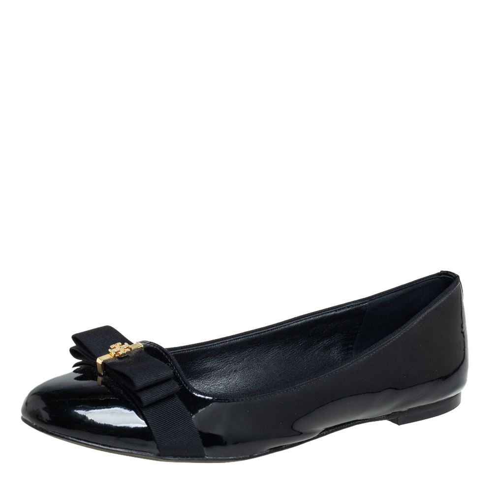 Tory Burch Black Patent Leather Trudy Bow Ballet Flats Size 39