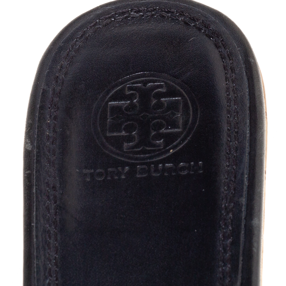 Tory Burch Black Laser Cut Leather Slide Wedge Sandals Size 40.5