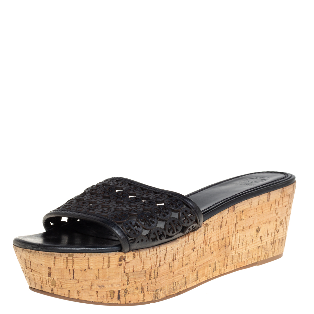 Tory Burch Black Laser Cut Leather Slide Wedge Sandals Size 40.5