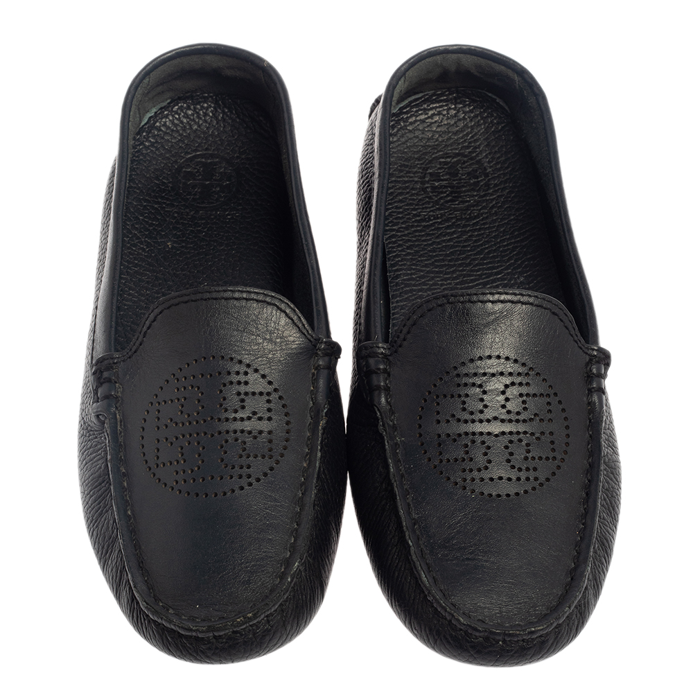 Tory Burch Dark Blue Leather Slip On Loafers Size 37.5