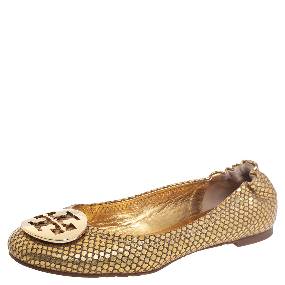 Tory Burch Gold Python Embossed Leather Ballet Flats Size 36.5