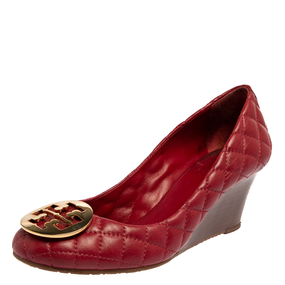 Tory Burch Red Quilted Leather Reva Logo Studded Wedge Pumps Size 38.5