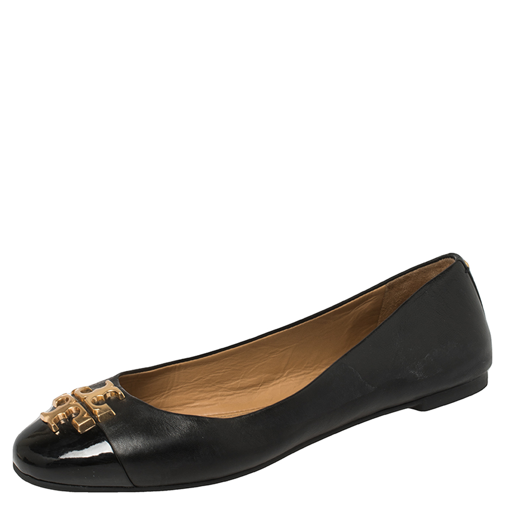 Tory Burch Black Leather and Patent Leather Jolie Ballet Flats Size 37