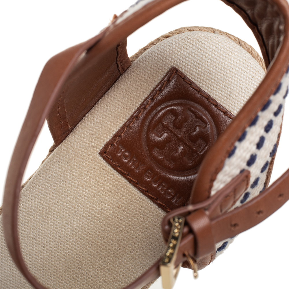 Tory Burch Multicolor Canvas And Leather Trim Wedge Espadrille Ankle Strap Sandals Size 40