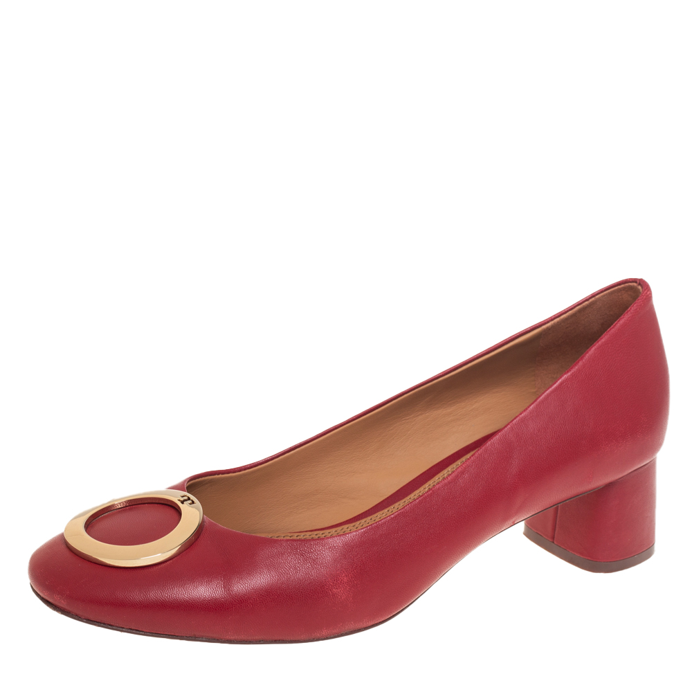 Tory Burch Red Leather Caterina Block Heel Pumps Size 39