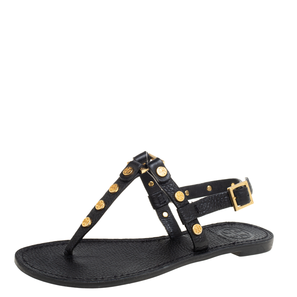 Tory Burch Black Leather Studded Thong Slingback Sandals Size 35.5