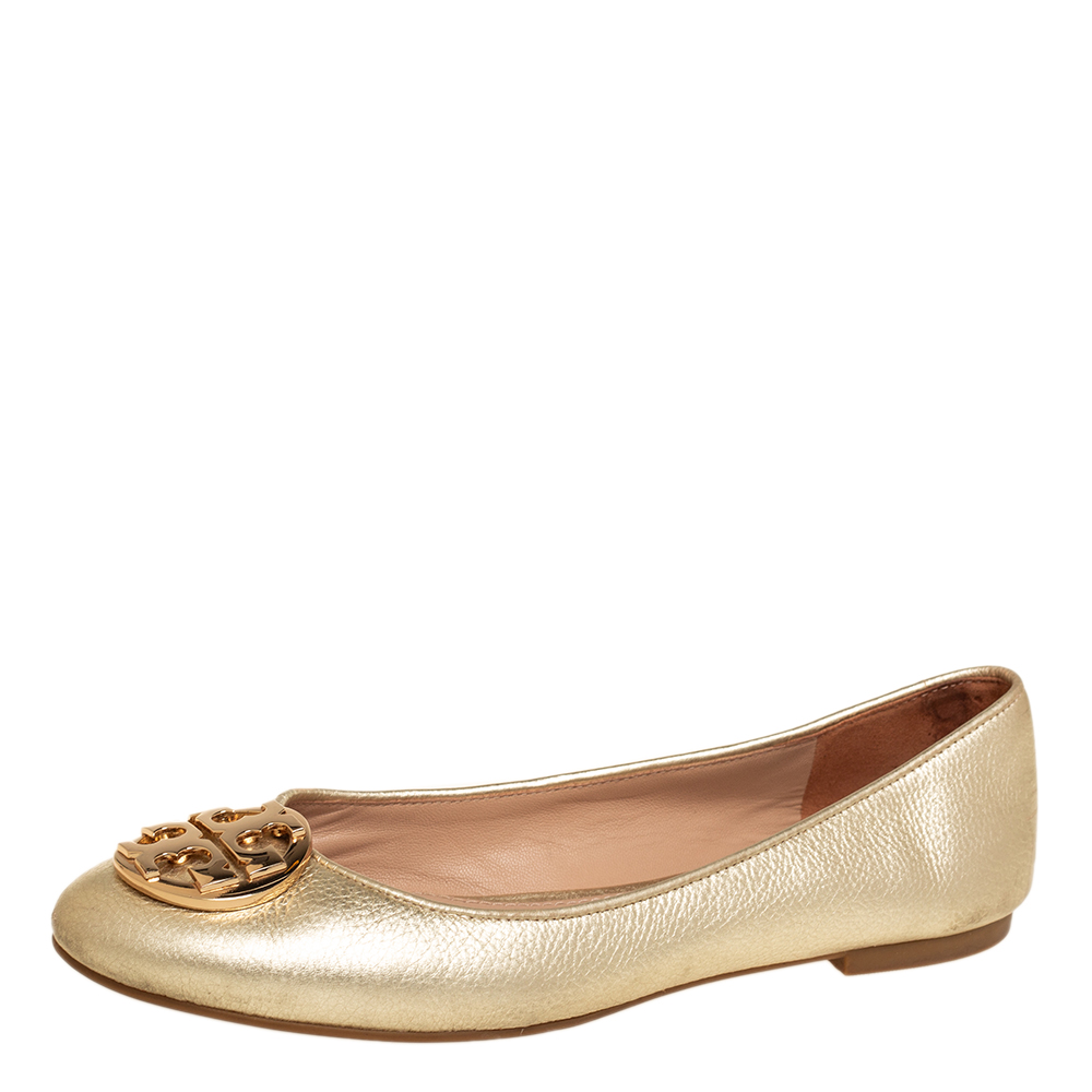 Tory Burch Gold Leather Minnie Ballet Flats Size 37