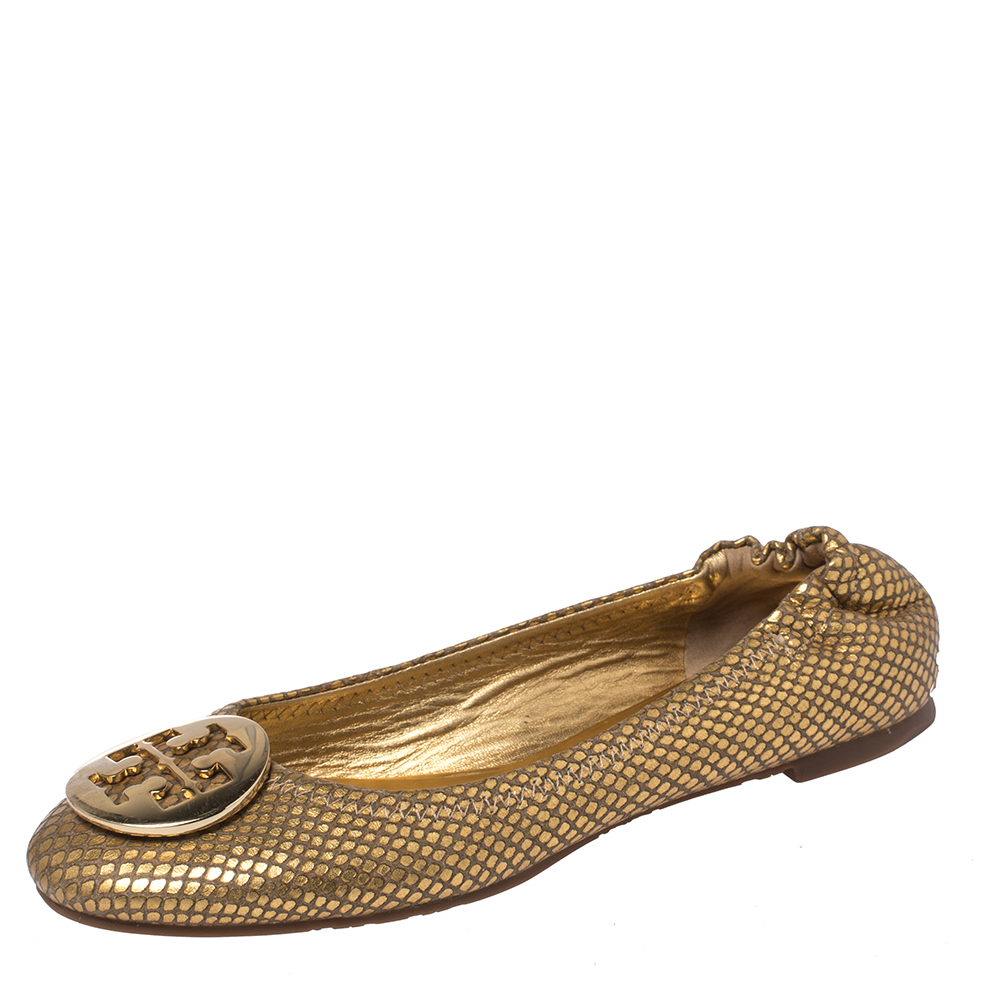 Tory burch metallic gold snakeskin effect leather minnie scrunch ballet flats size 37