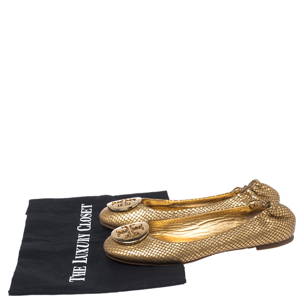 Tory Burch Metallic Gold Snakeskin Effect Leather Minnie Scrunch Ballet Flats Size 37
