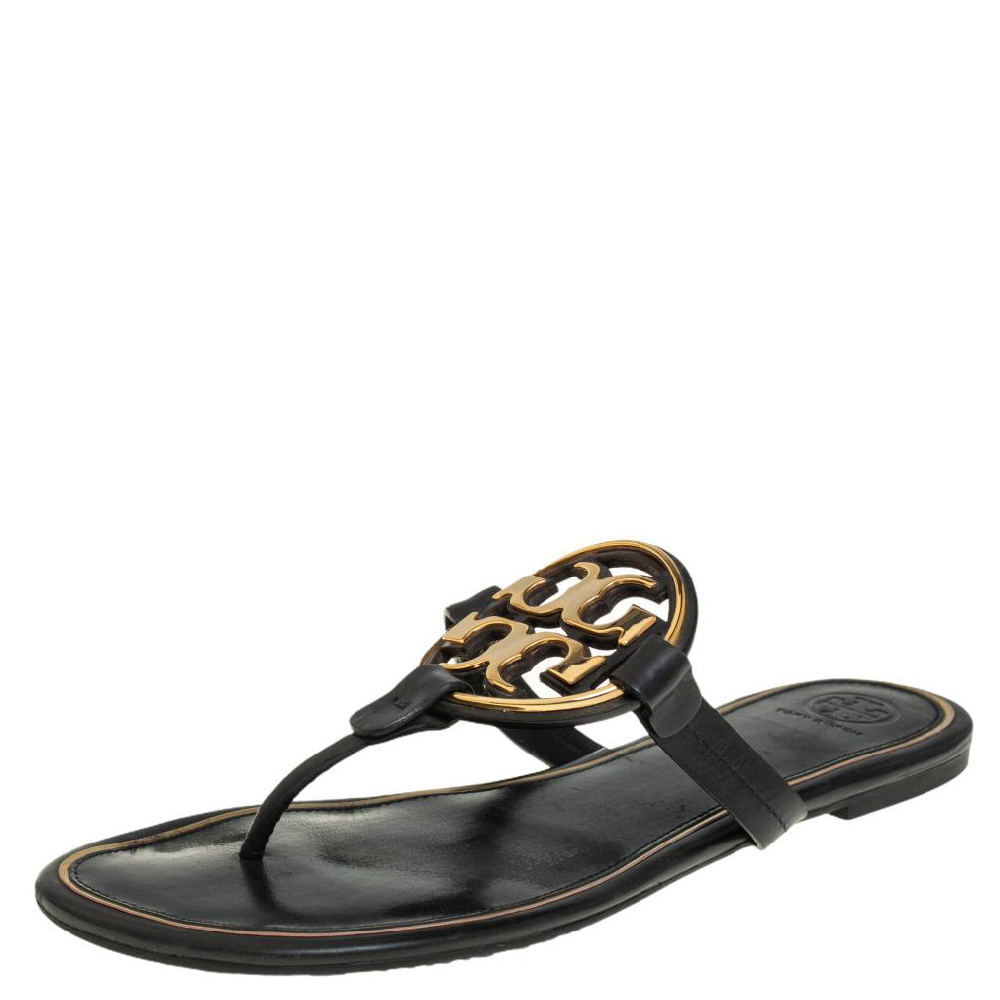 Tory Burch Black/Gold Leather Miller Flat Thong Sandals Size 41